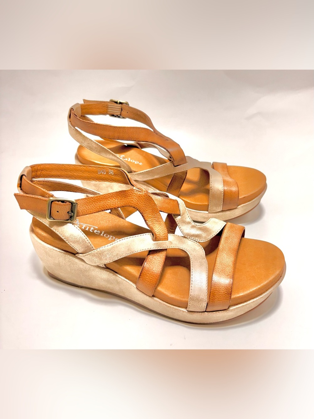 Antelope Two-Tone Tan and Cream Wedge Sandals